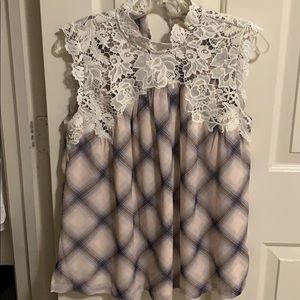 Lace, mock-neck plaid top